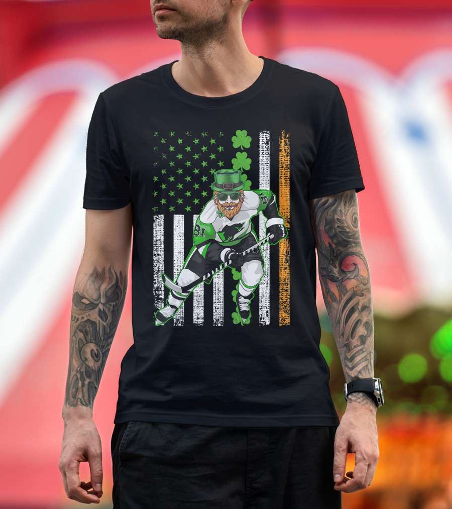 Irish American Flag Lucky Hockey Player with Shamrock and Beard T-Shirt