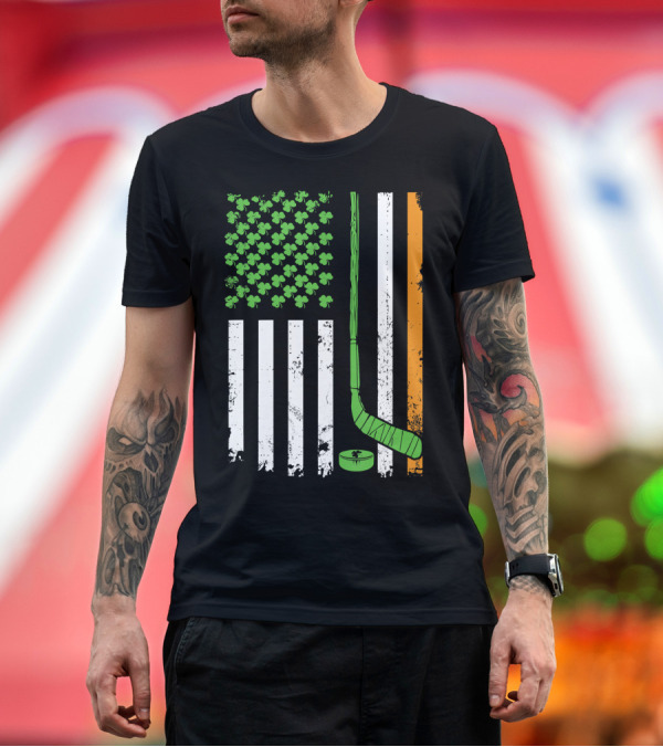 Premium T-Shirt: Irish American Shamrock Flag Hockey St Patrick's Day T-Shirt Irish American Shamrock Flag Hockey St Patrick's Day T-Shirt
