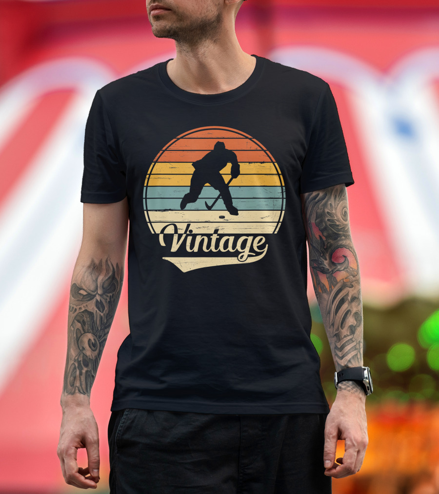 Vintage Retro Ice Hockey Silhouette in Striped Circle Background T-Shirt