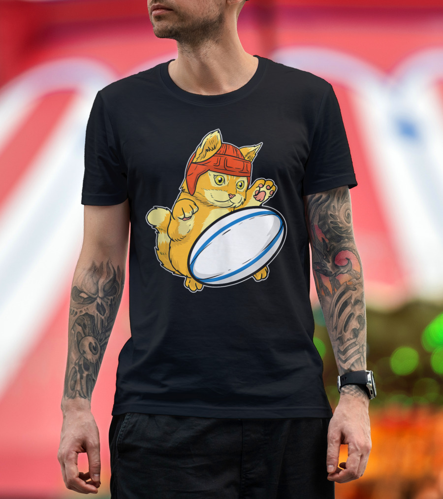 Cute Cat Playing Rugby Kitty Rugby Player Helmet Ball T-Shirt