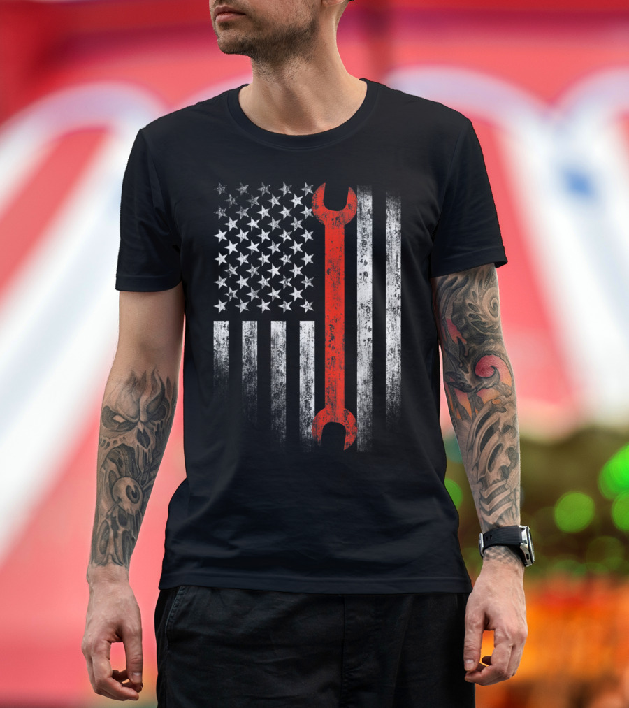 American Flag Wrench Patriotic Auto Mechanic T-Shirt