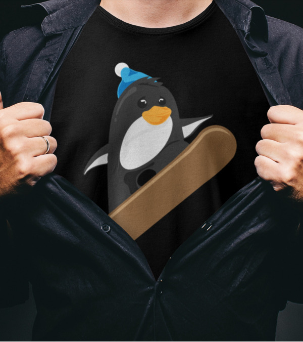 Penguin Snowboarder Adventure With Blue Beanie T-Shirt