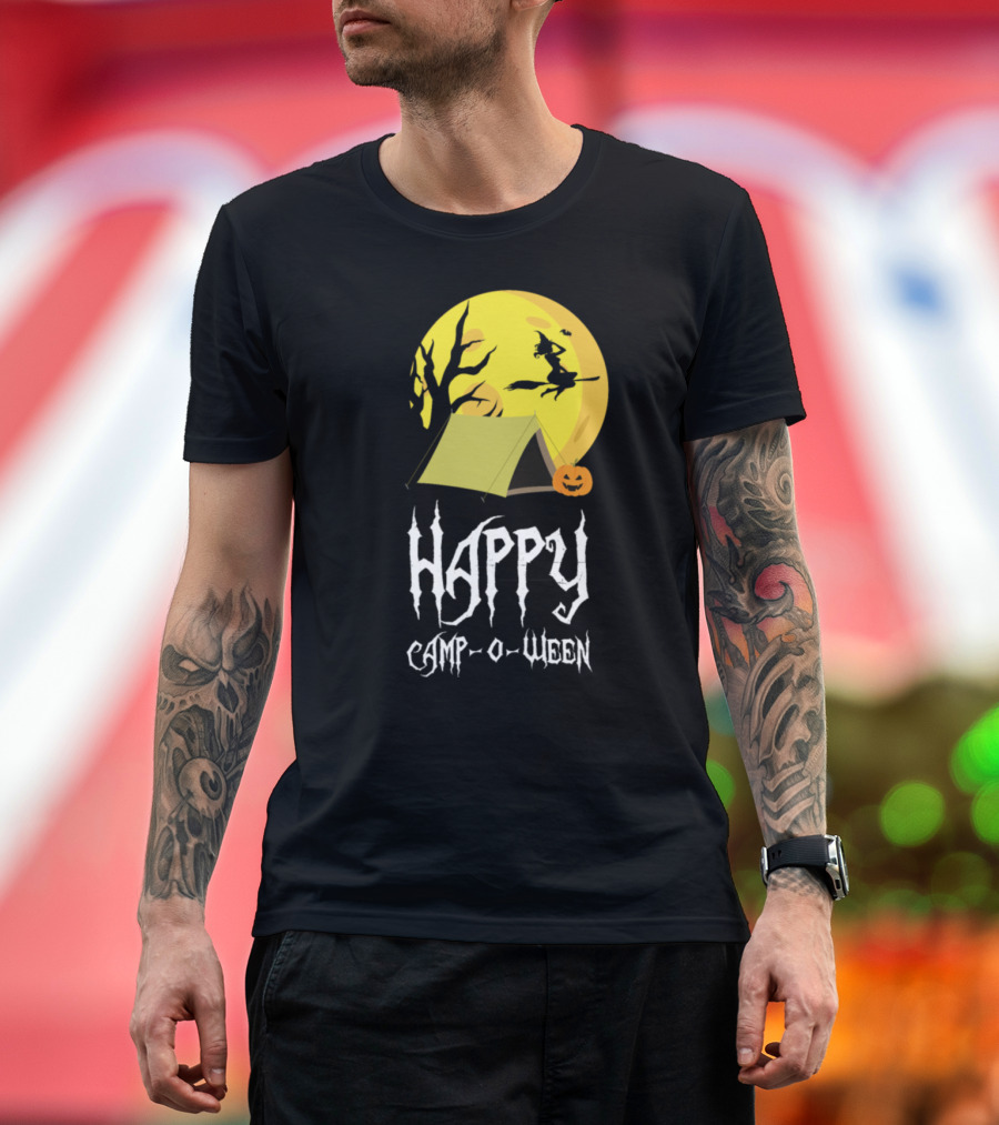 Happy Campoween Funny Halloween Camping Witch Full Moon Tent Pumpkin T-Shirt