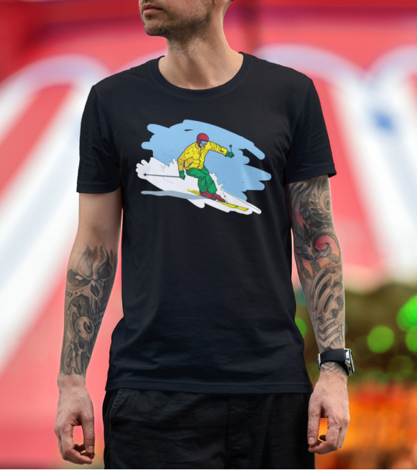 Premium T-Shirt: Downhill Skiing Adventure with Colorful Skier in Action T-Shirt Downhill Skiing Adventure with Colorful Skier in Action T-Shirt