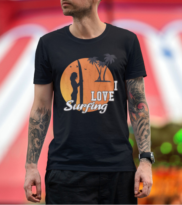 Premium T-Shirt: I Love Surfing Sunset Silhouette with Palm Trees and Birds T-Shirt I Love Surfing Sunset Silhouette with Palm Trees and Birds T-Shirt
