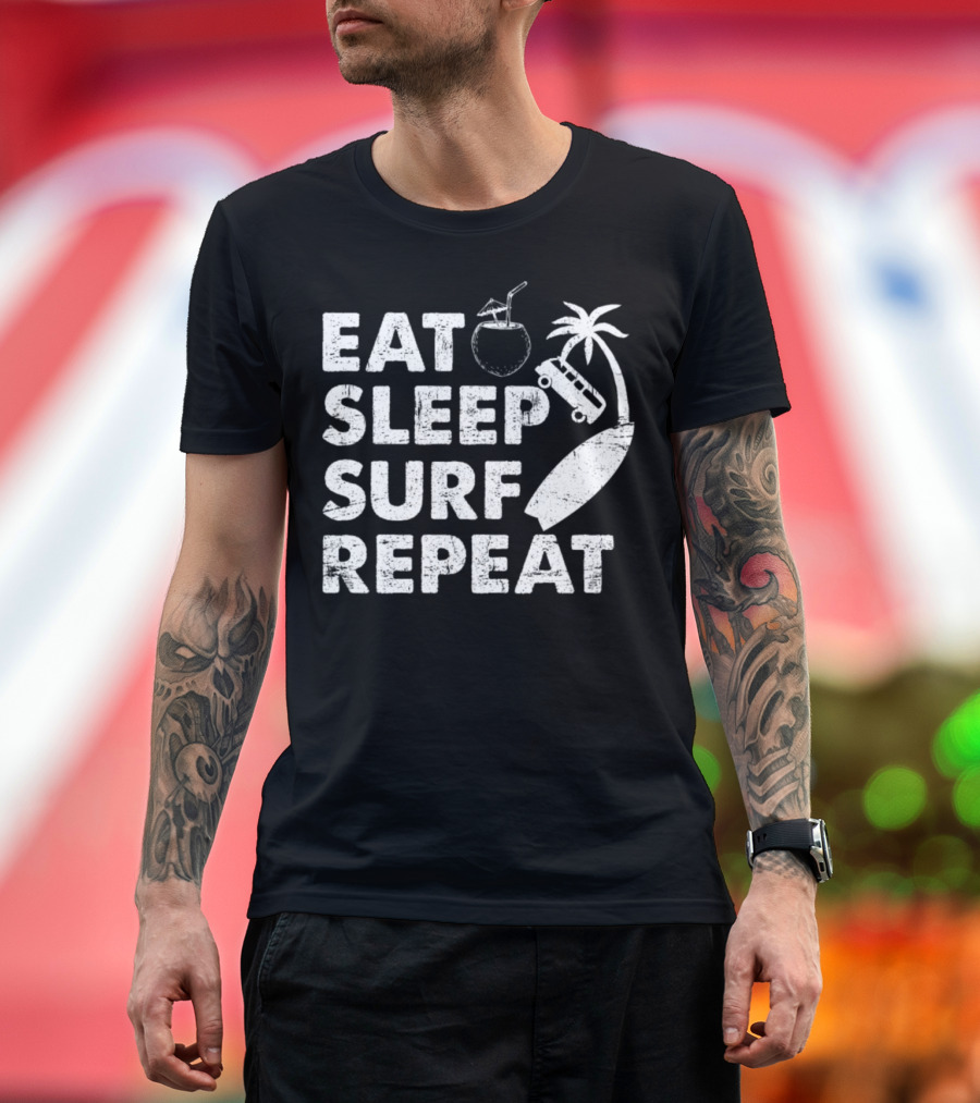Eat Sleep Surf Repeat Coconut Palm Skateboard Surfboard T-Shirt