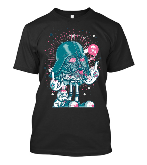 Dart Vader Geek Art Anthology Cartoon Parody Sci-Fi Character With Wanted Smuggler And Cosmic Neon Skulls T-Shirt