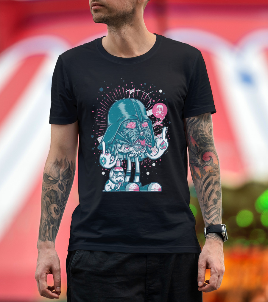 Dart Vader Geek Art Anthology Cartoon Parody Sci-Fi Character with Wanted Smuggler and Cosmic Neon Skulls T-Shirt