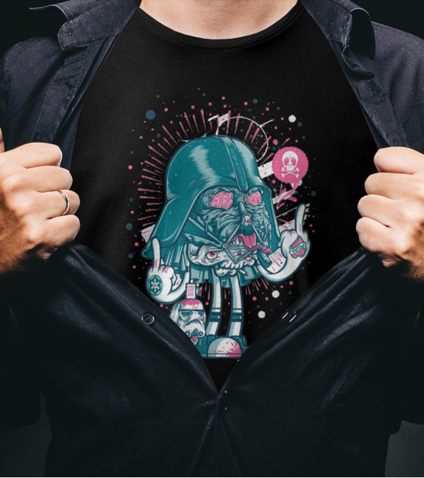 Dart Vader Geek Art Anthology Cartoon Parody Sci-Fi Character With Wanted Smuggler And Cosmic Neon Skulls T-Shirt