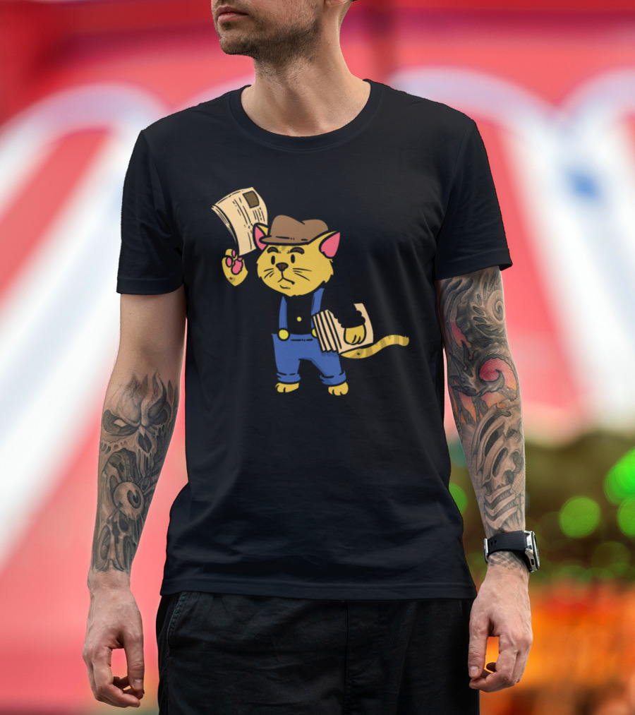 Baker Bear Vintage Newspaper Cat in Overalls and Hat T-Shirt