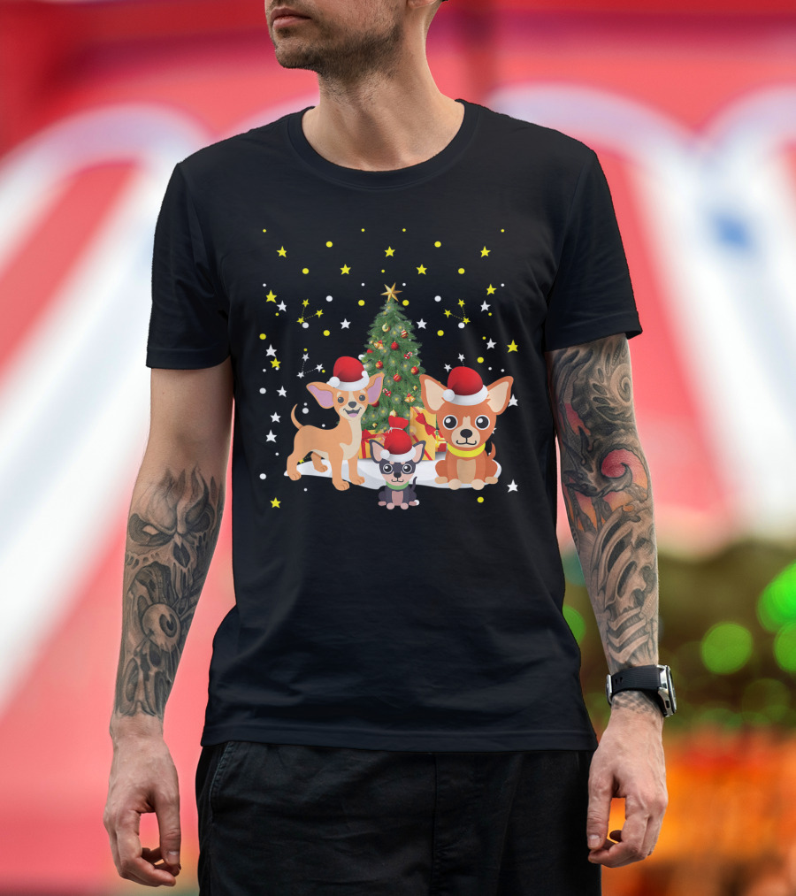 Chihuahua Santa Hats Christmas Tree Stars and Lights T-Shirt