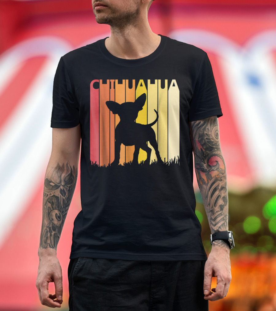 Retro Chihuahua Dog Silhouette on Colorful Stripes T-Shirt