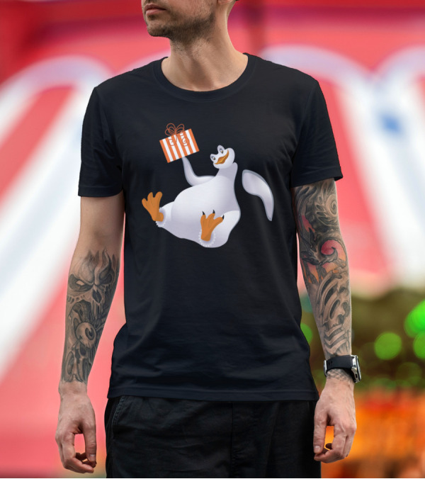 Premium T-Shirt: Penguin Holding Striped Gift Box with Bow T-Shirt Penguin Holding Striped Gift Box with Bow T-Shirt