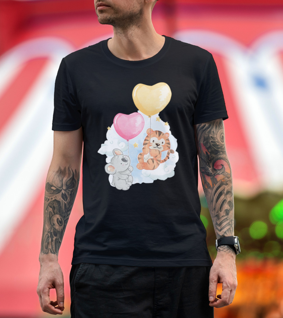 Tiger and Koala Floating with Heart Balloons in the Clouds T-Shirt