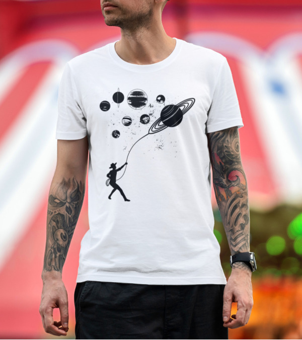 Premium T-Shirt: Cowboy Lassoing Planets in Outer Space Adventure T-Shirt Cowboy Lassoing Planets in Outer Space Adventure T-Shirt