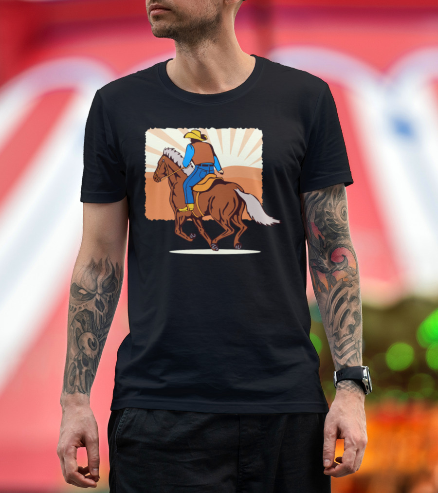 Cowboy Riding to Sunset on Horseback with Western Horizon T-Shirt