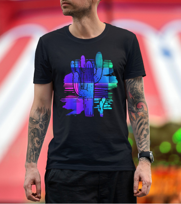 Premium T-Shirt: Trending Funny Cactus Motif Neon Gradient Desert Scene T-Shirt Trending Funny Cactus Motif Neon Gradient Desert Scene T-Shirt