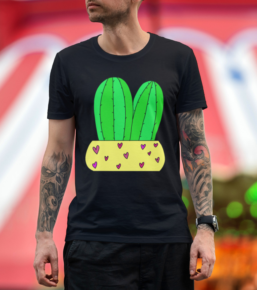 2 Cacti in Love with Hearts in Yellow Pot T-Shirt