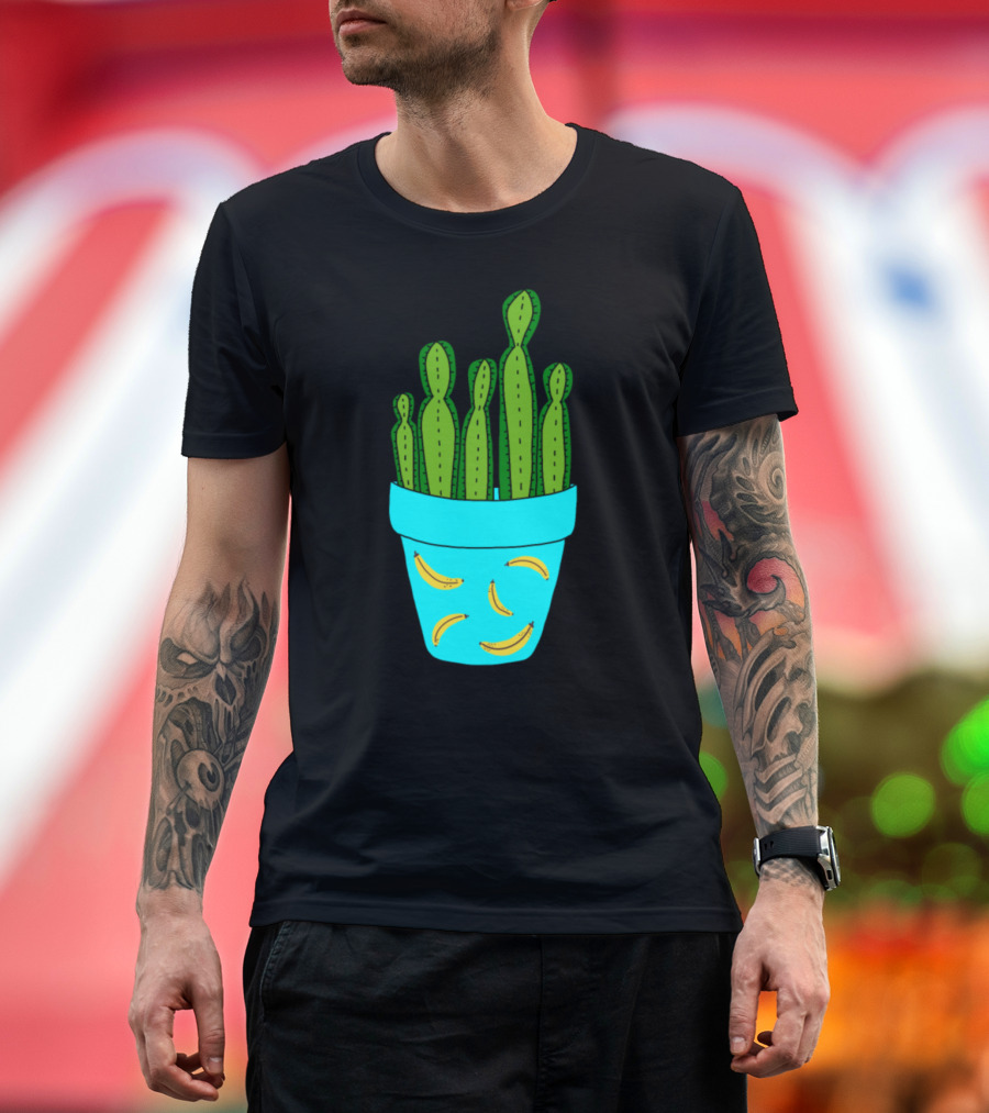 Banana Patterned Pot with Tall Green Cactus T-Shirt
