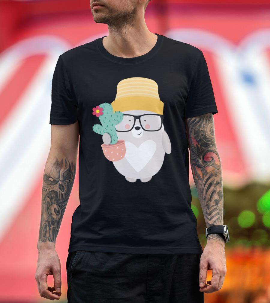 Bear Wearing Glasses and Yellow Hat Holding Cactus with Flower T-Shirt