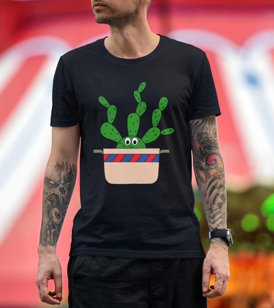 Beaver Tail Cactus in Smiling Old Pot with Red and Blue Stripes T-Shirt