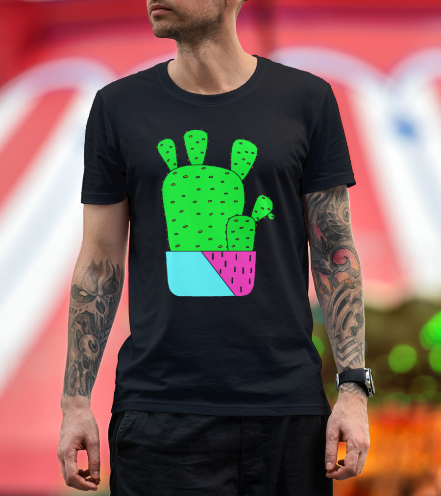 Big Cacti in Bright Green with Colorful Pink and Blue Planter T-Shirt