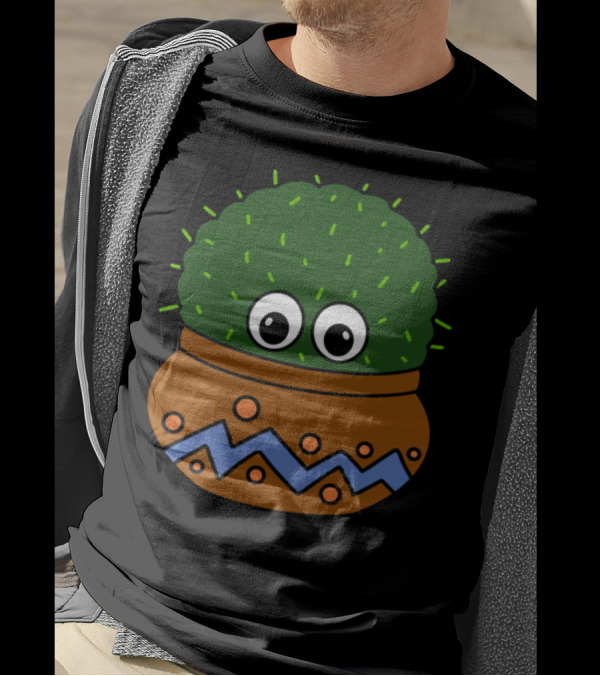 Big Eyed Round Cactus In Decorated Pot With Zigzag T-Shirt