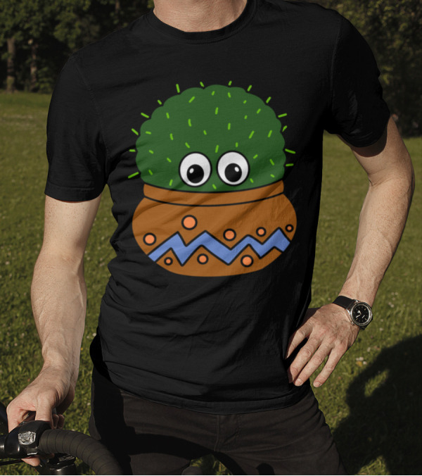Big Eyed Round Cactus In Decorated Pot With Zigzag T-Shirt