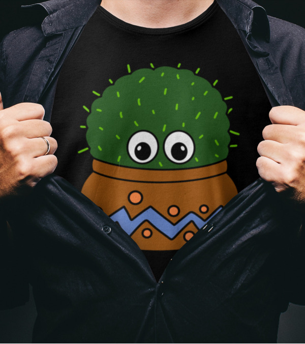 Big Eyed Round Cactus In Decorated Pot With Zigzag T-Shirt