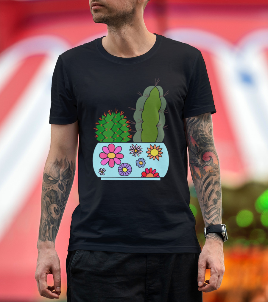 Cacti in Floral Patterned Pot with Colorful Flowers T-Shirt