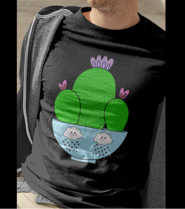Cacti Bunch In Adorable Bowl With Smiling Rain Clouds T-Shirt