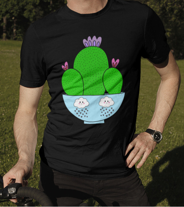Cacti Bunch In Adorable Bowl With Smiling Rain Clouds T-Shirt