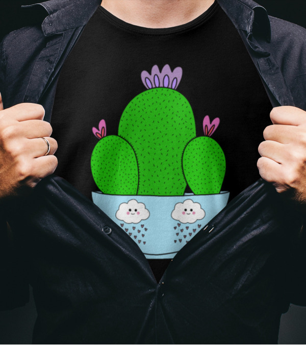 Cacti Bunch In Adorable Bowl With Smiling Rain Clouds T-Shirt