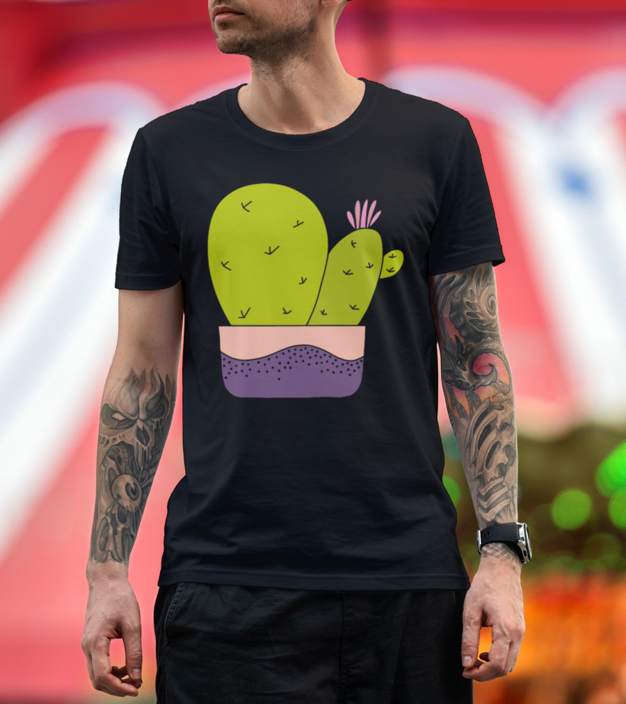 Cacti Bunch With Pink Flower in Colorful Pot T-Shirt