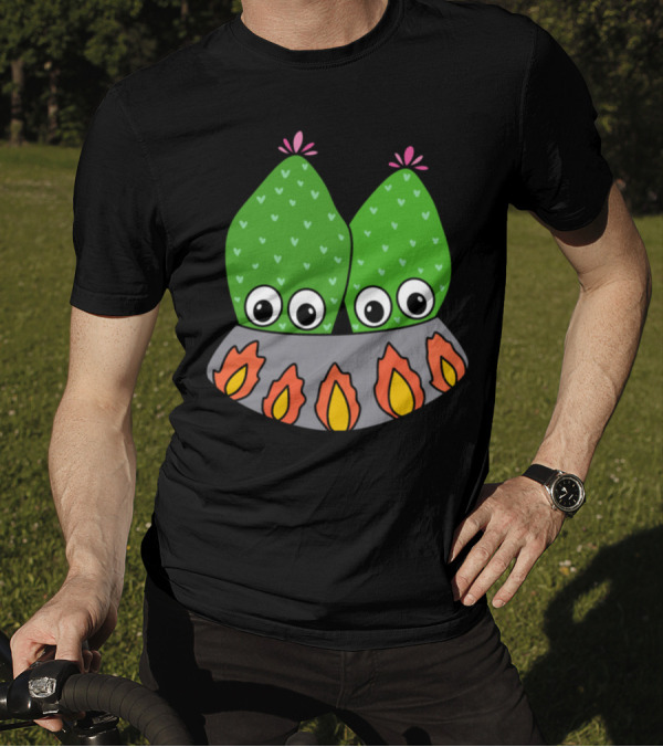 Cacti Couple In A Nice Pot With Colorful Flames T-Shirt
