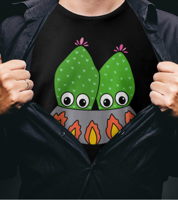Cacti Couple In A Nice Pot With Colorful Flames T-Shirt