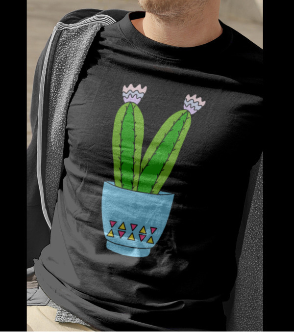 Cacti In Blue Pot With Geometric Patterns And Pink Flowers T-Shirt