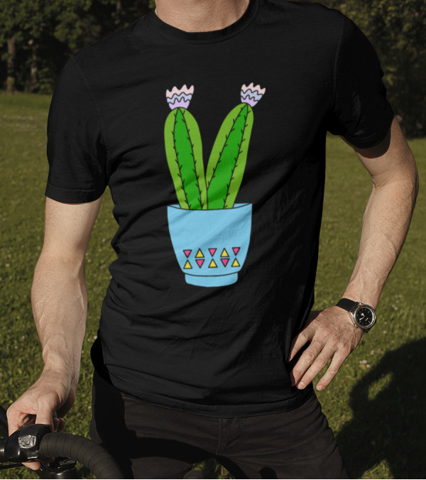 Cacti In Blue Pot With Geometric Patterns And Pink Flowers T-Shirt