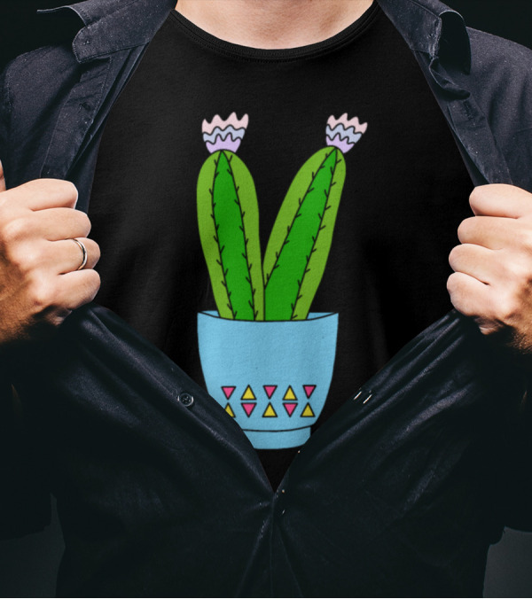 Cacti In Blue Pot With Geometric Patterns And Pink Flowers T-Shirt