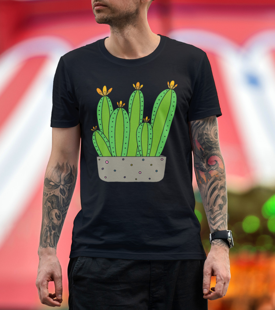 Cacti Group with Yelloworange Blooms in Speckled Pot T-Shirt