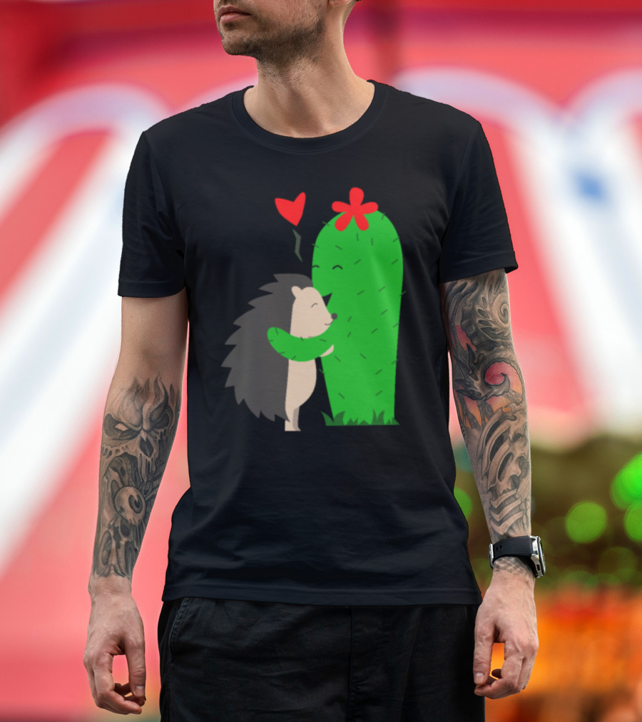 Cactus and Hedgehog Friends Embrace Love Heart Sting T-Shirt