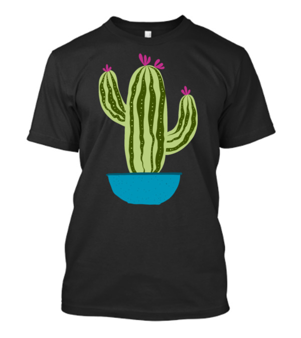 Cactus With Pink Flowers In A Blue Shallow Pot T-Shirt