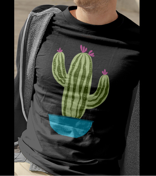 Cactus With Pink Flowers In A Blue Shallow Pot T-Shirt