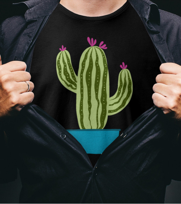 Cactus With Pink Flowers In A Blue Shallow Pot T-Shirt