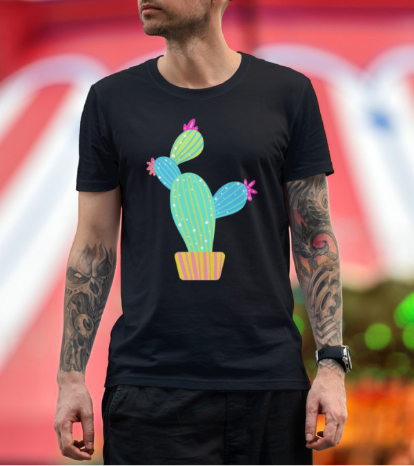 Premium T-Shirt: Colorful Striped Cactus in Pot with Pink Flowers T-Shirt Colorful Striped Cactus in Pot with Pink Flowers T-Shirt