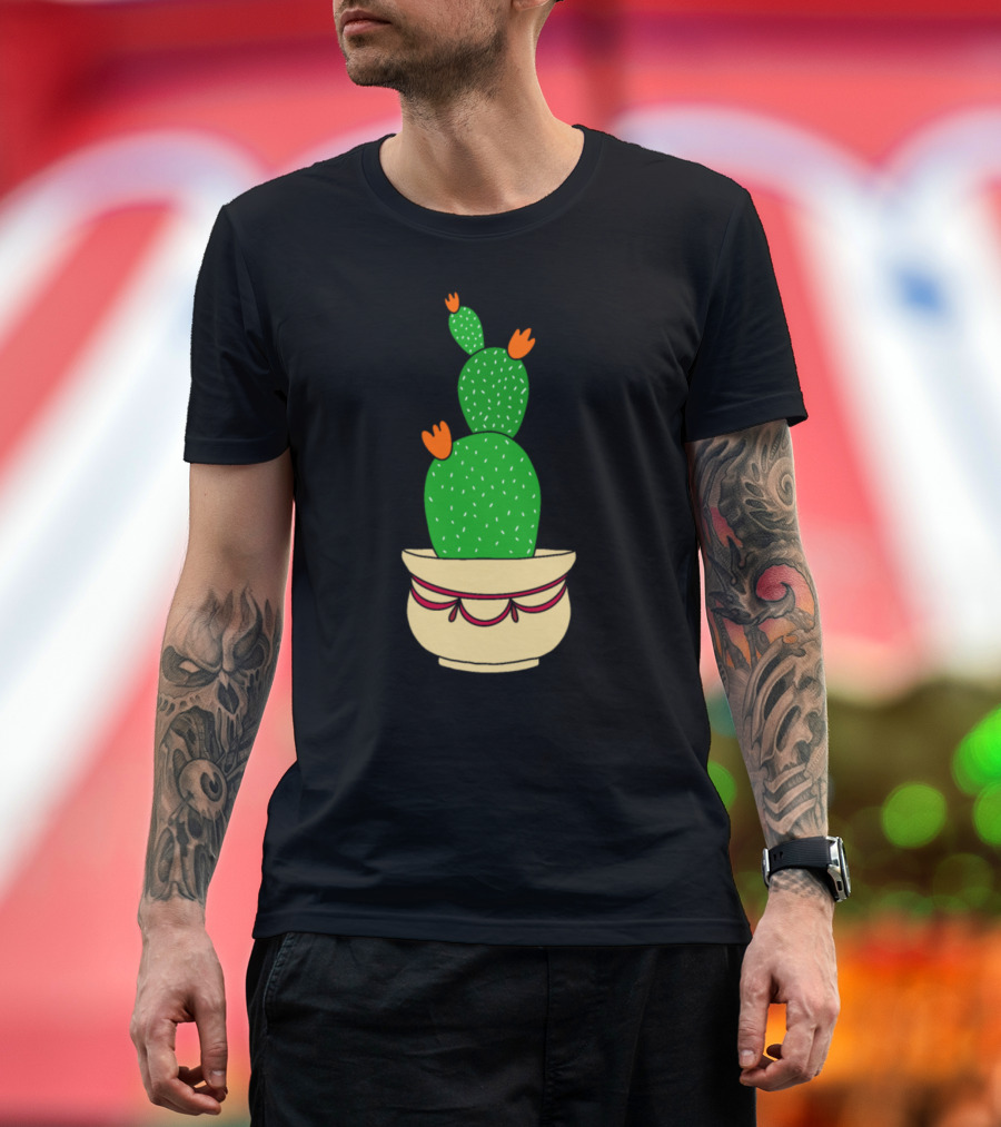 Cactus With Bright Orange Blooms In Decorative Pot T-Shirt