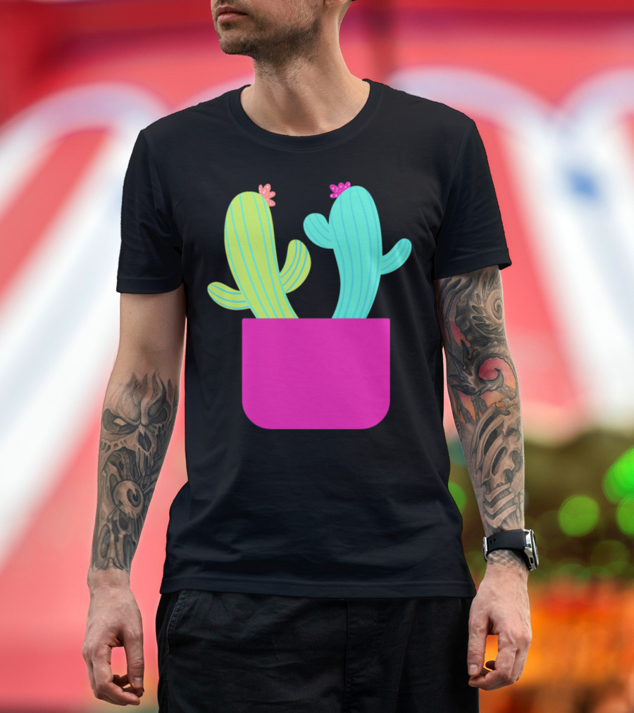 Couple Cactuses in Bright Pink Pot with Flowers T-Shirt