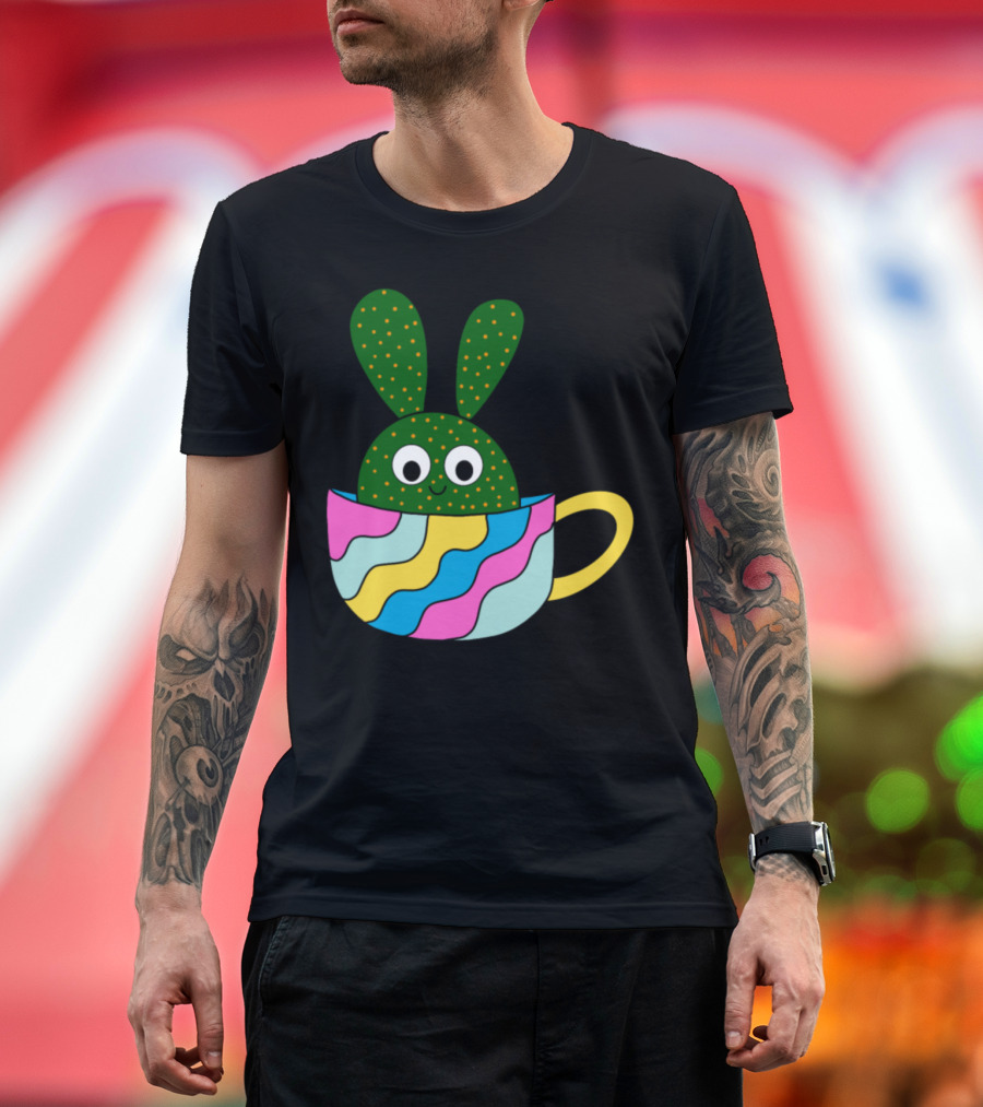 Cute Beaver Tail Cactus in a Colorful Teacup with Bunny Ears T-Shirt