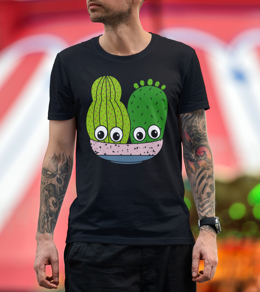 Cute Cacti Characters in Playful Pottery Bowl T-Shirt