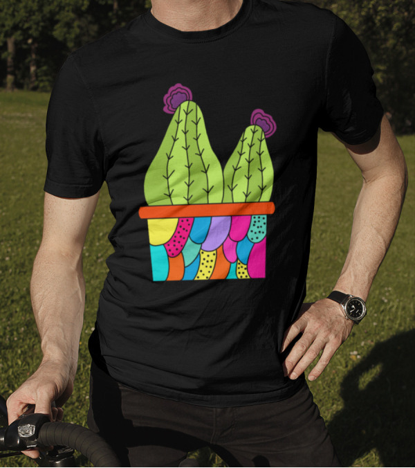 Cute Cacti With Flowers In Colorful Funky Patterned Pot T-Shirt